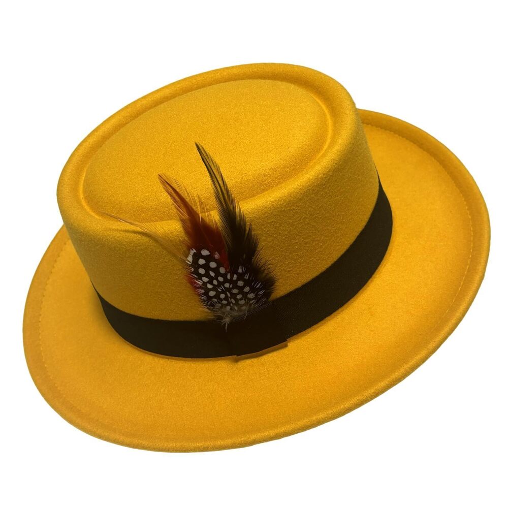 4872 Classic Pork Pie Hat with Feathers Flat Top Fedora, Vintage Panama